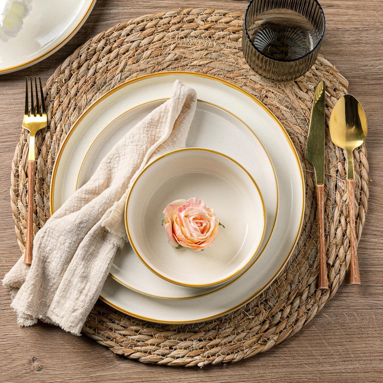 Dinnerware Set, 18 Pieces Ceramic Plates and Bowls Set, Stoneware Plates Set Handpainted, Dishwasher & Microwave Safe Dishes Set (Speckled Beige, Service for 6)