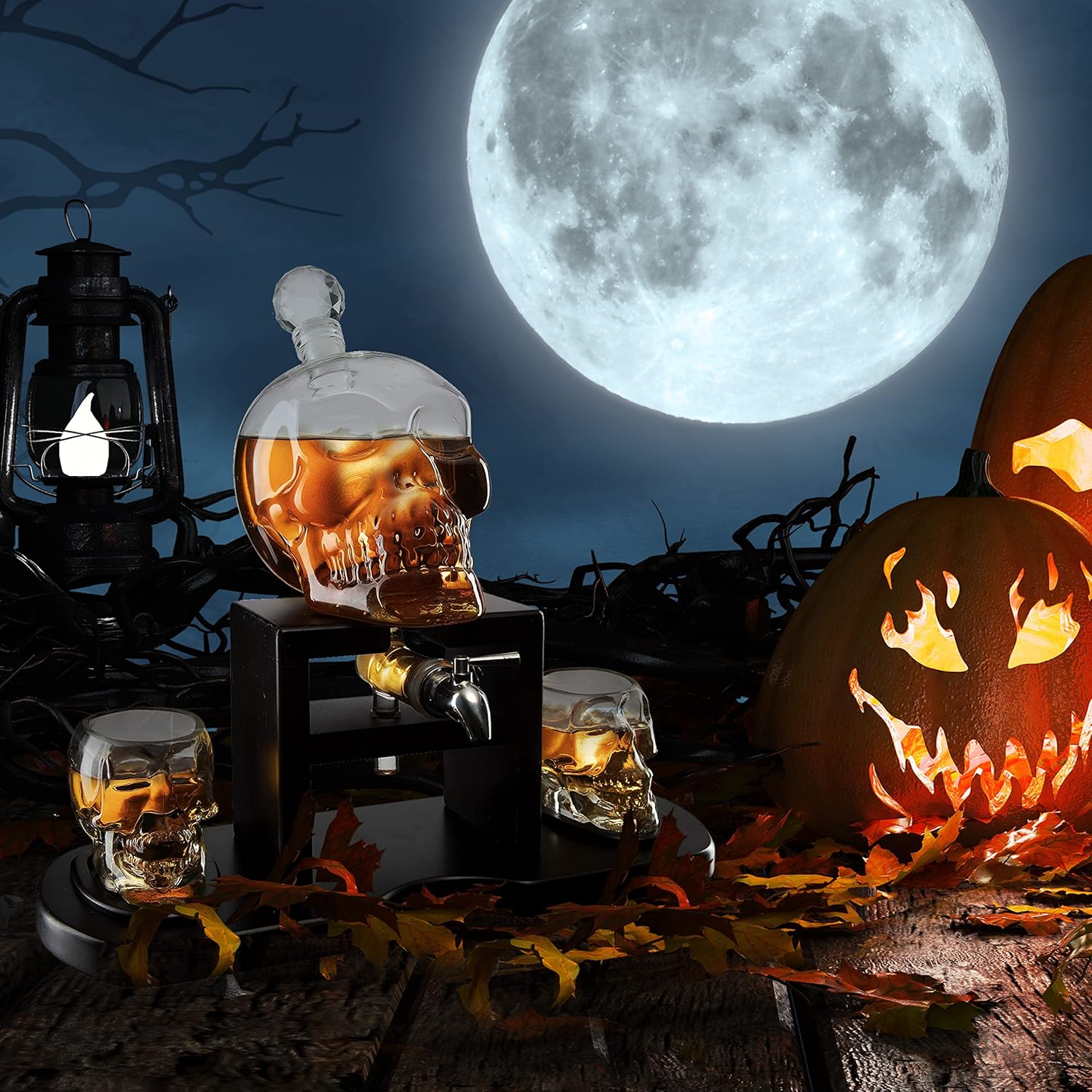Skull Skeleton Wine & Whiskey Decanter Set 750 mL With 2 Skull 3oz Skeletons Shot Glasses + Mahogany Wooden Base & Pouring Spigot Decor Glass