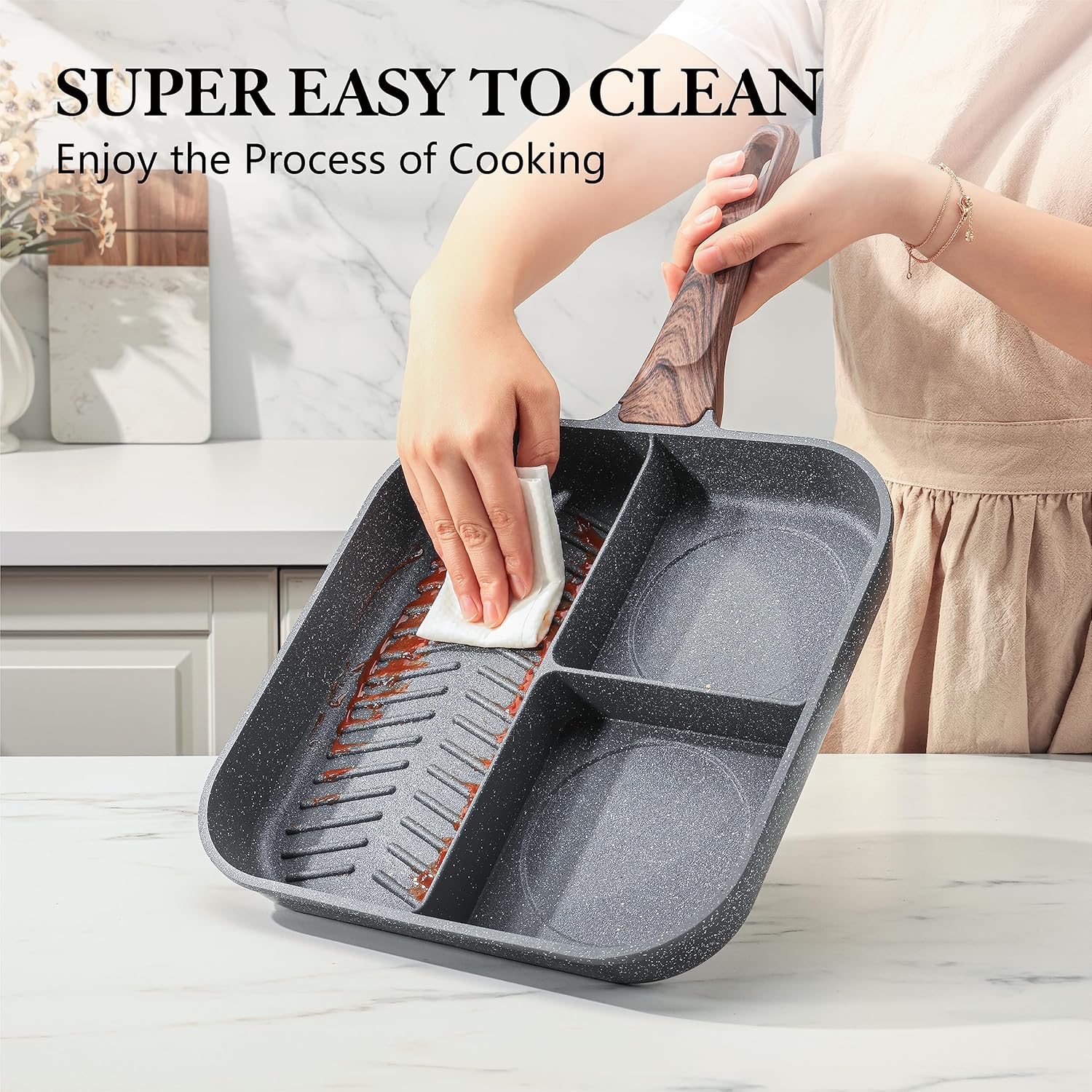 9.5 Inch Nonstick Divided Grill Pan for Stove Tops, 3-Section Versatile Breakfast Grilling Pan, Durable Square Grill Skillet, Steak Griddle Pan, PFOA, PFOS, APEO Free, Induction Compatible