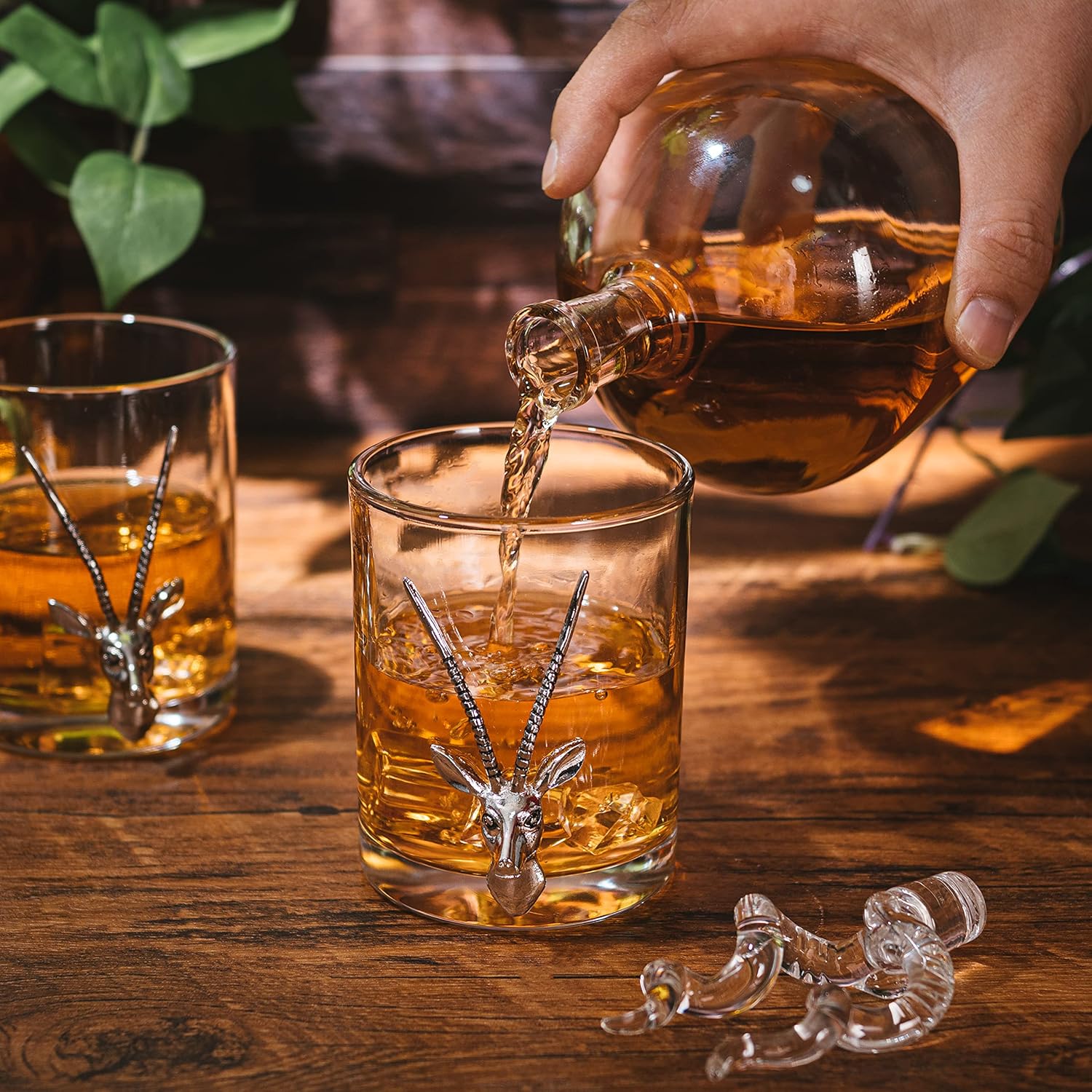 Stag Antler Whiskey & Wine Decanter Set 8.5" H with 2 Stag 12oz Glasses - Hunting Liquor Scotch Bourbon