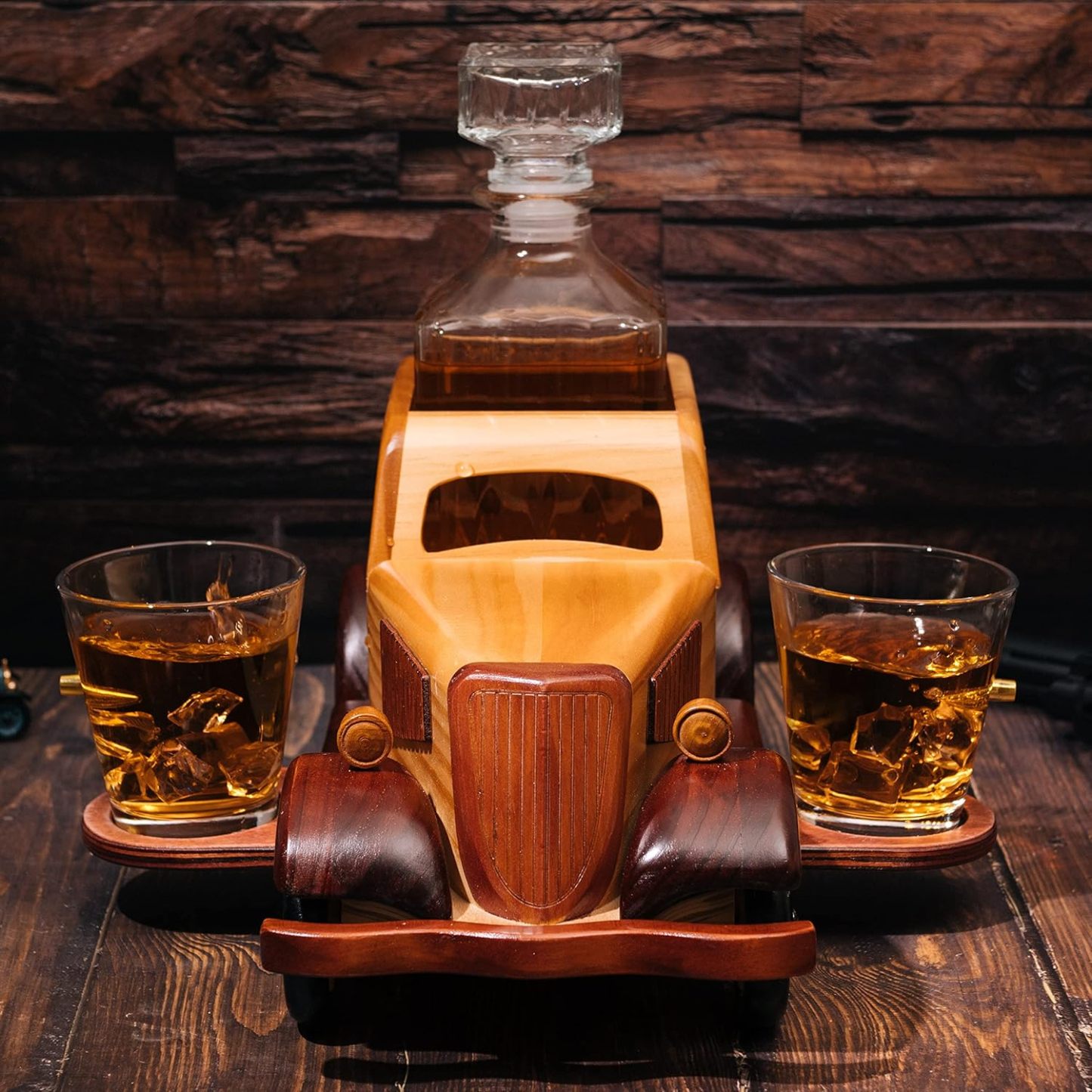 Vintage Car Decanter Set, Large Bar Centerpiece - 750ml Decanter + 2 Shot Glasses, Whiskey