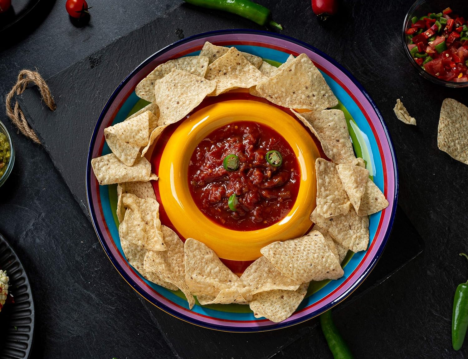 Ceramic Chip & Dip Platter, Large Divided Serving Dish for Parties, Round Tray for Snacks and Appetizers, with Bowl for Dips, Dishwasher Safe, Hand-painted, Multicolor, Tinga Collection, 13 Inch