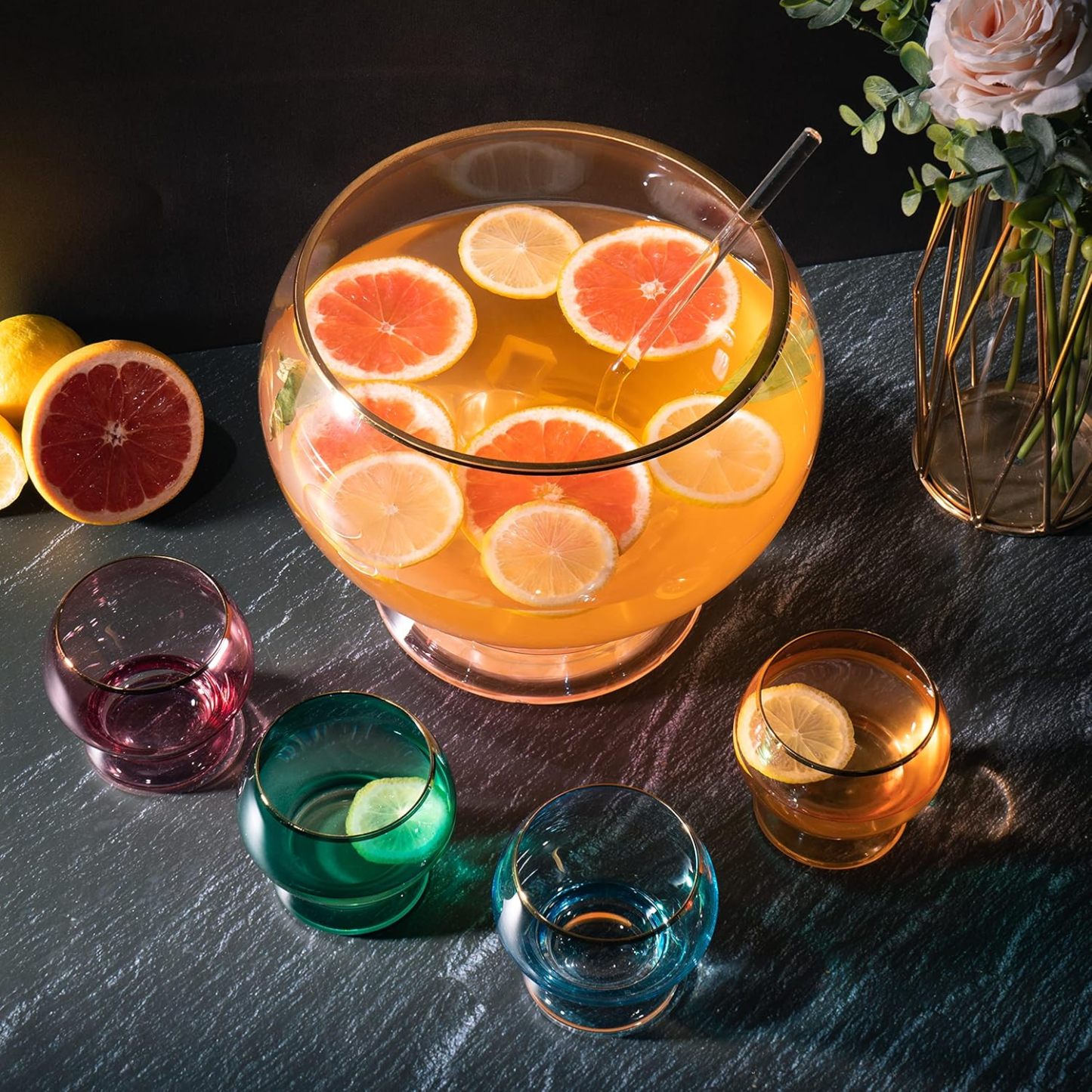 Colorful 1.7 Gallon Punch Bowl with 4 10oz Glasses Set with Ladle Gift