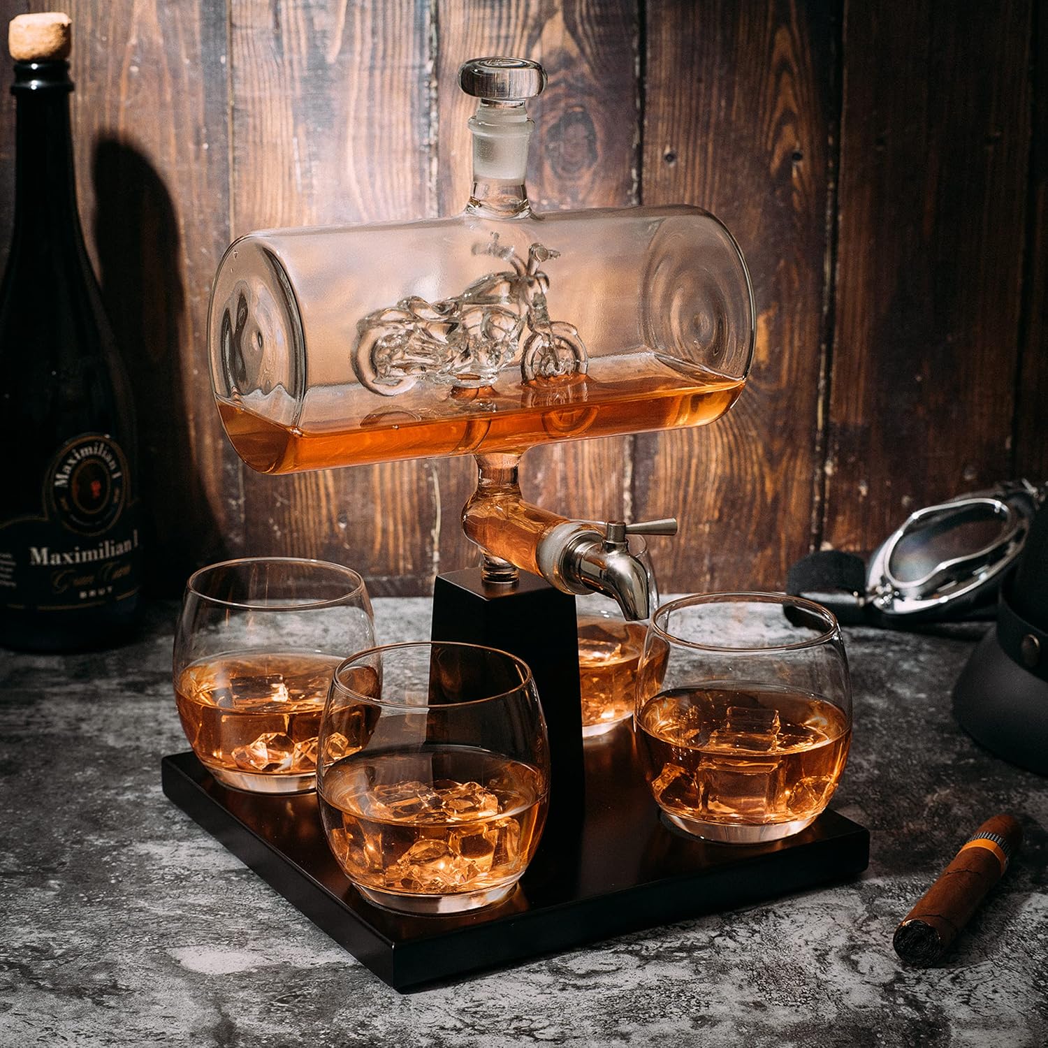 Motorcycle Decanter Whiskey & Wine Decanter Set With 4 Glasses, Motorcycle Gifts, Harley Davidson Motorbike