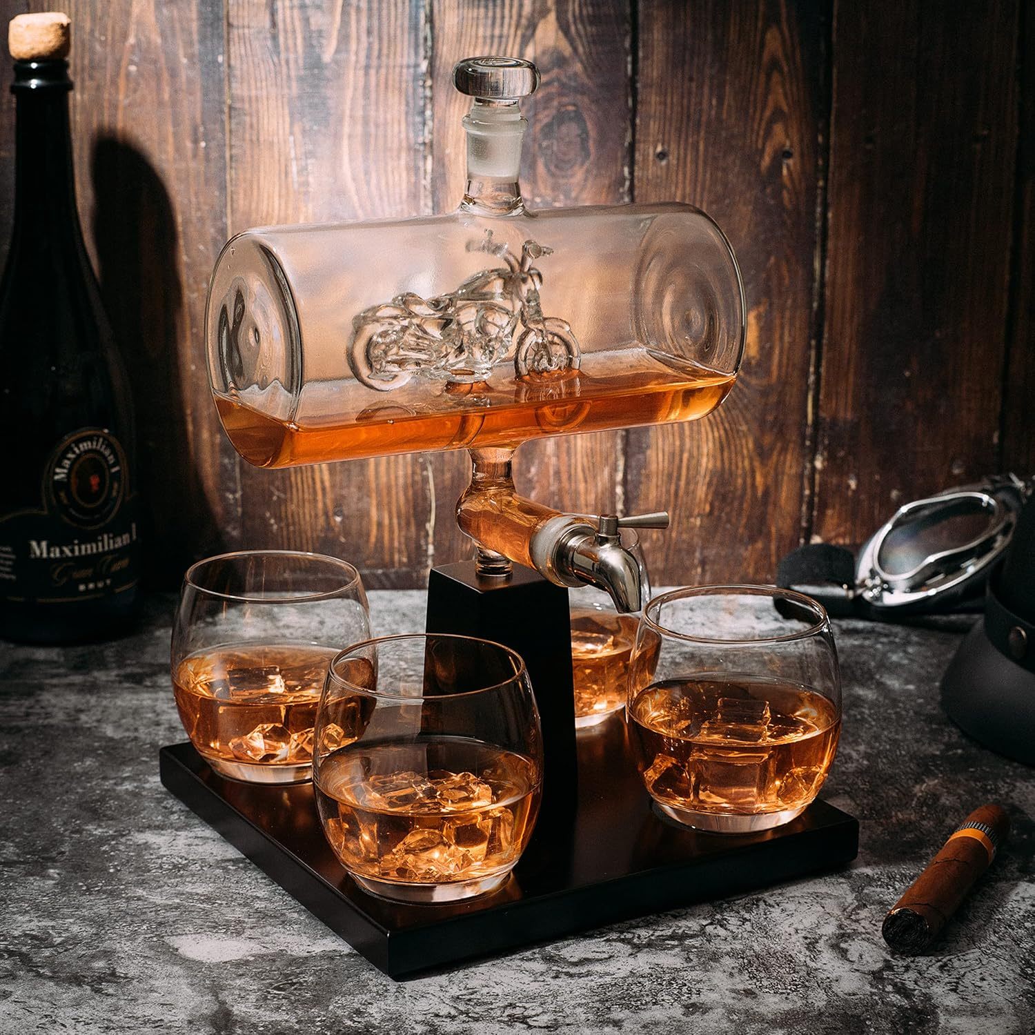 Motorcycle Decanter Whiskey & Wine Decanter Set With 4 Glasses, Motorcycle Gifts, Harley Davidson Motorbike