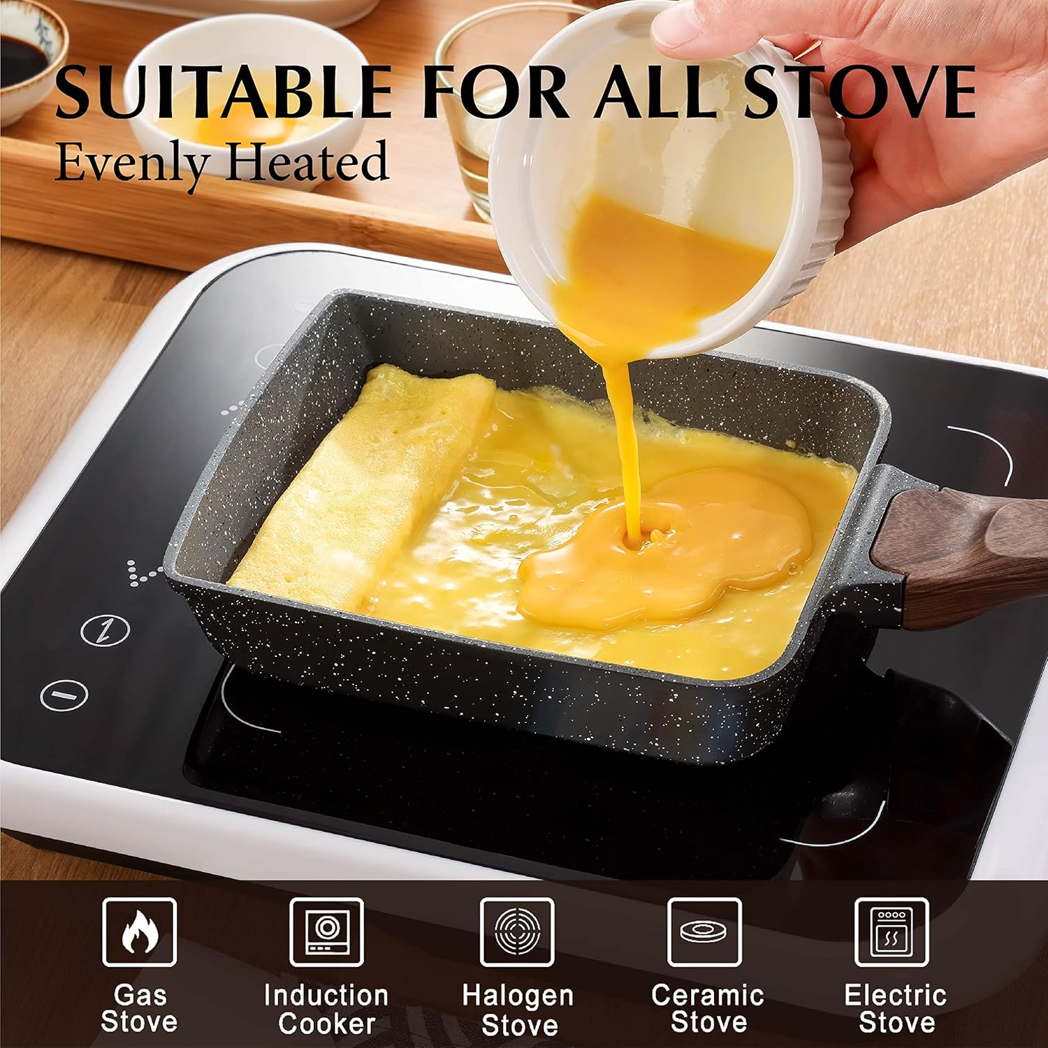 Japanese Omelette Pan, Tamagoyaki Egg Pan, Nonstick Frying Pan with Spatula, Healthy Granite Cookware, PFOS & PFOA Free, 6" x 7" (Grey)