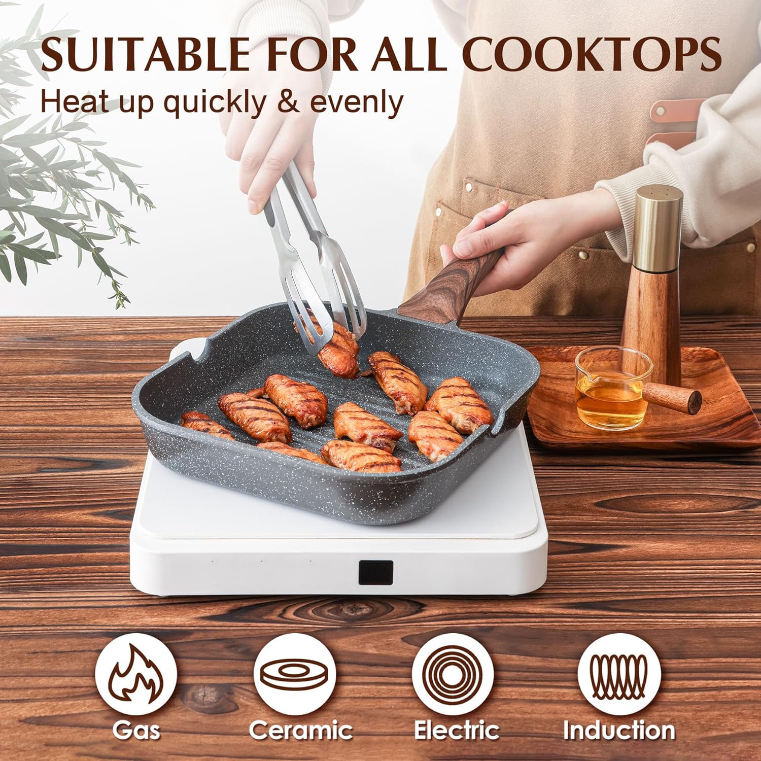 Nonstick Grill Pan for Stove Tops, Versatile Griddle with Pour Spouts, Square Big Cooking Surface, Durable Skillet Indoor & Outdoor Grilling. PFOA Free,12Inch