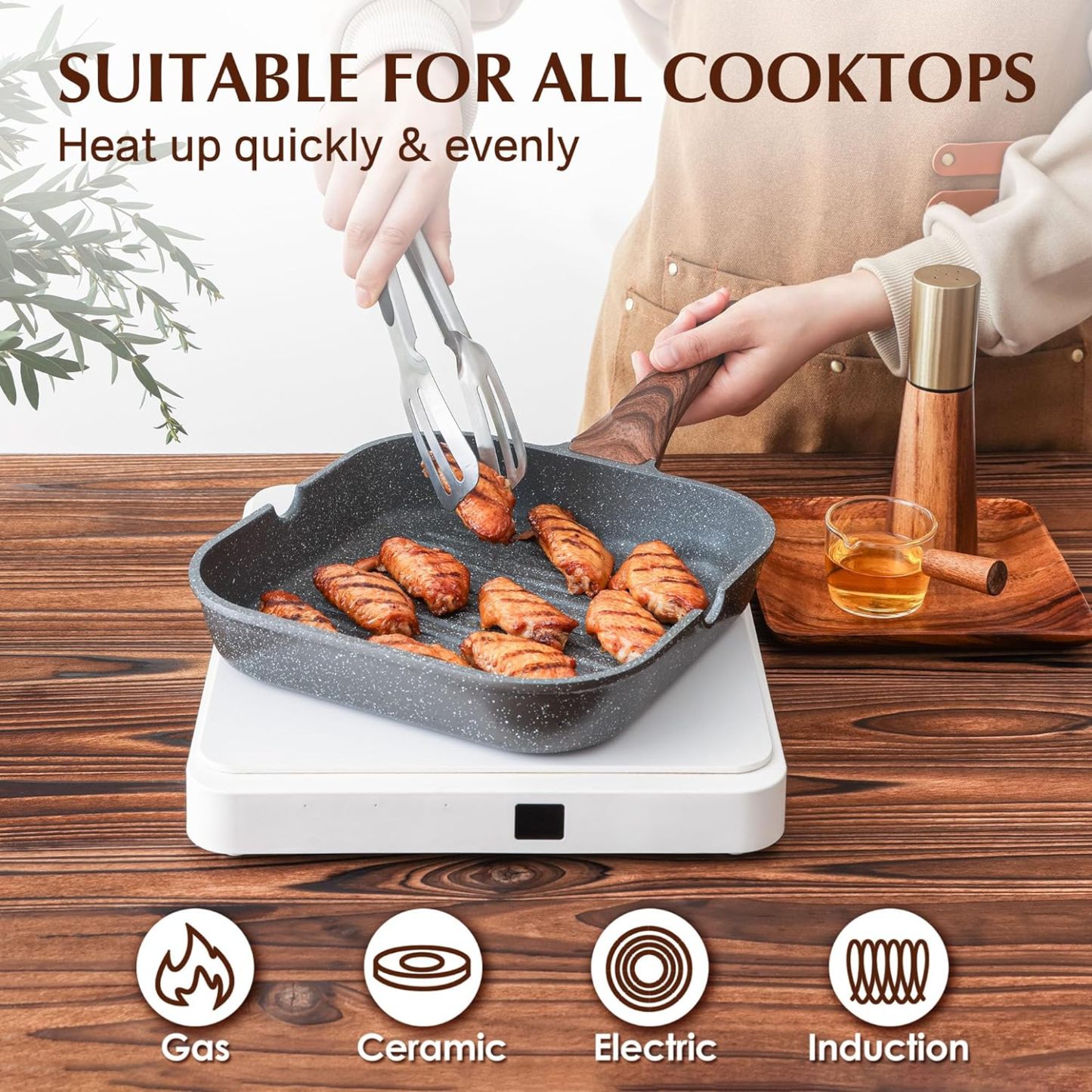 Nonstick Grill Pan for Stove Tops, Versatile Griddle with Pour Spouts, Square Big Cooking Surface, Durable Skillet Indoor & Outdoor Grilling. PFOA Free,12Inch