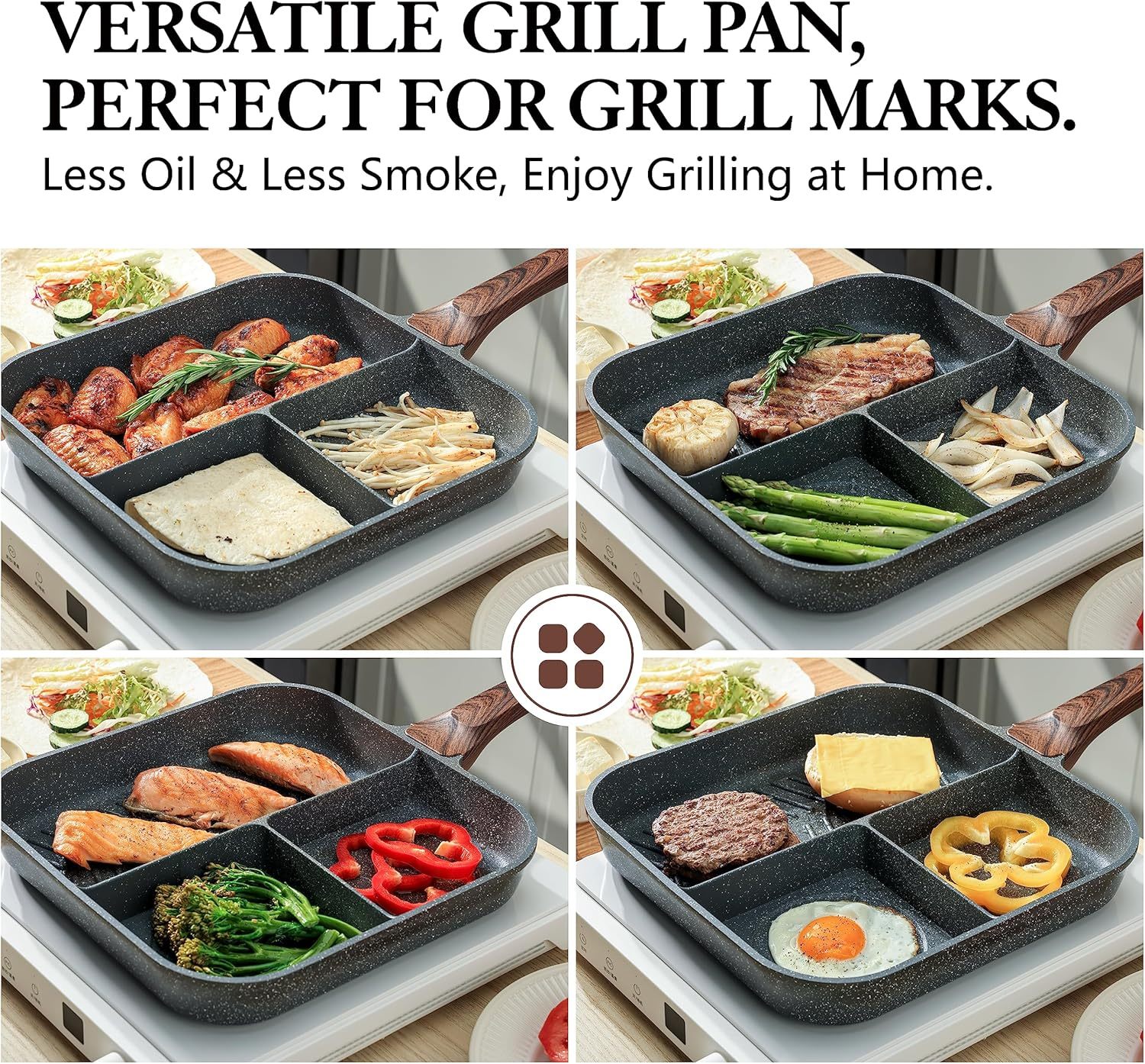 9.5 Inch Nonstick Divided Grill Pan for Stove Tops, 3-Section Versatile Breakfast Grilling Pan, Durable Square Grill Skillet, Steak Griddle Pan, PFOA, PFOS, APEO Free, Induction Compatible