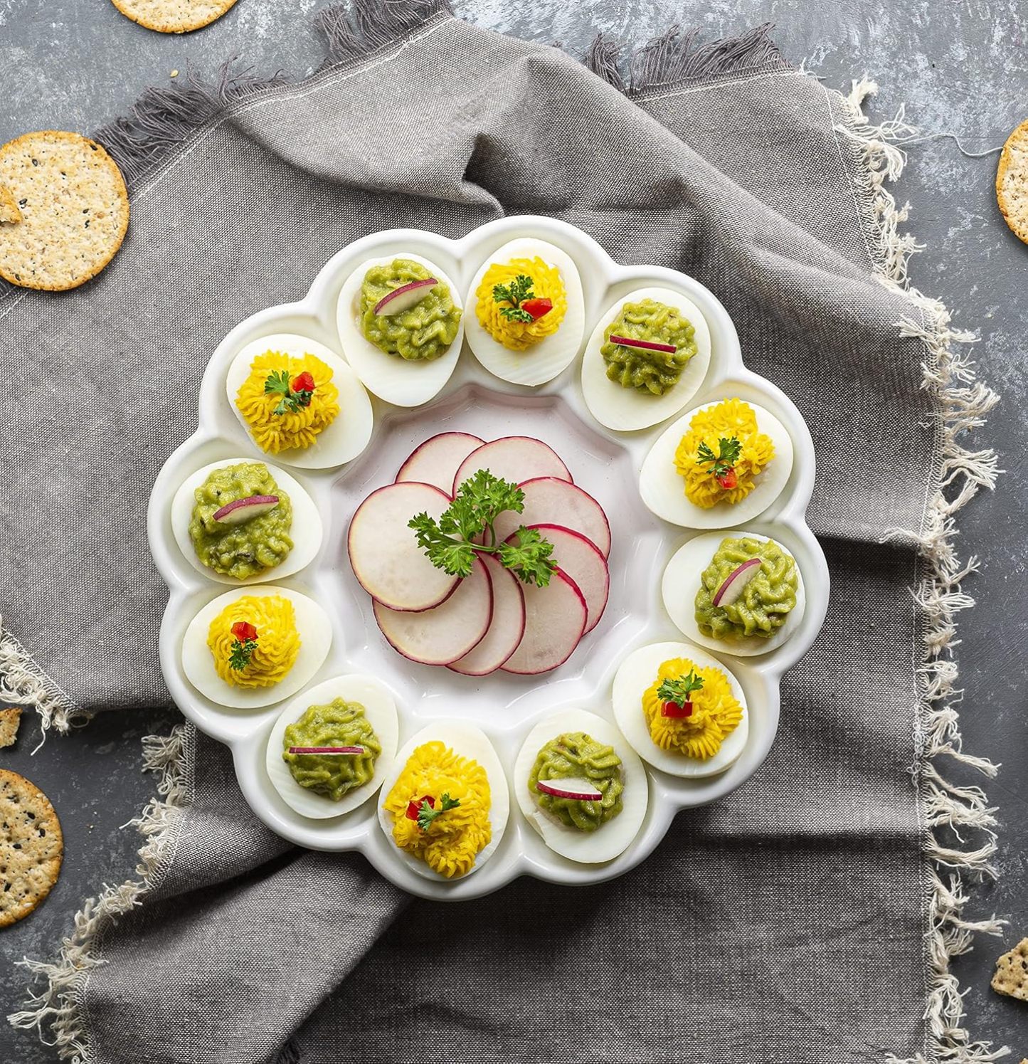 Deviled Egg Platter Tray, Ceramic Easter Egg Holder, Holds 12 Eggs, Ceramic Dish, Display Holder, Dishwasher Safe, Microwave Safe, freezer Safe, Sleek, 10 Inch Diameter, White