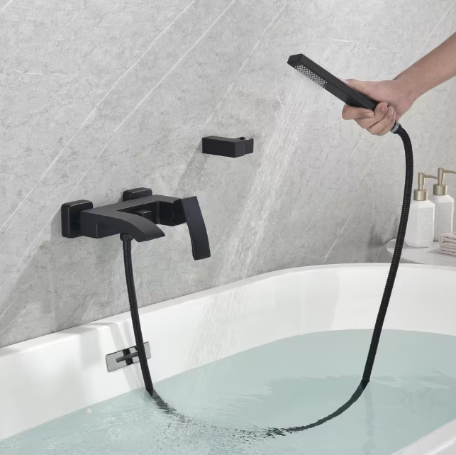 Single-Handle Wall Mount Roman Tub Faucet with Hand Shower in Matte Black
