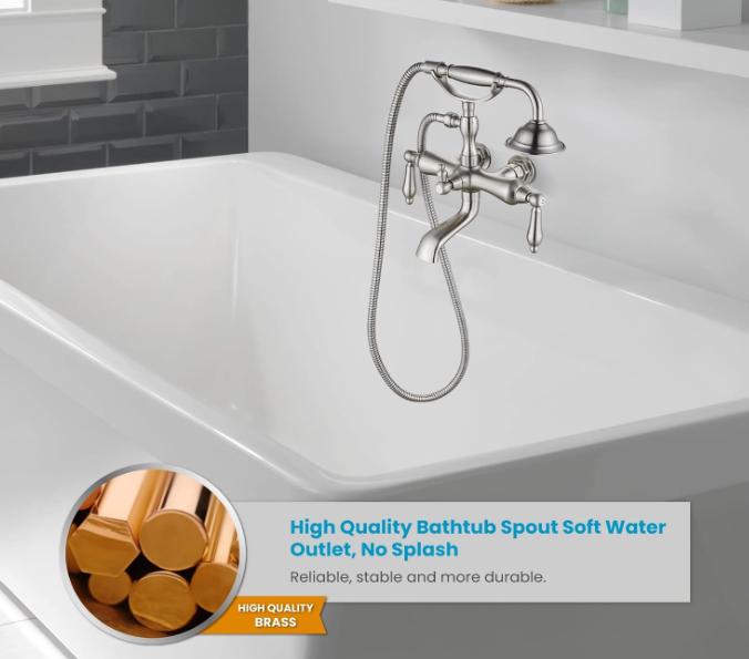 Vintage Clawfoot Tub Faucet,3-3/8 inch Center, Brushed Nickel Wall Mount