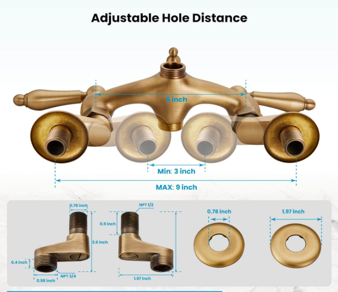 Wall Mount 3 3/8 Clawfoot Tub Faucet Antique Brass with Telephone Shaped Handheld