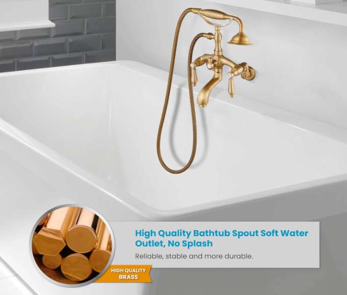 Wall Mount 3 3/8 Clawfoot Tub Faucet Antique Brass with Telephone Shaped Handheld