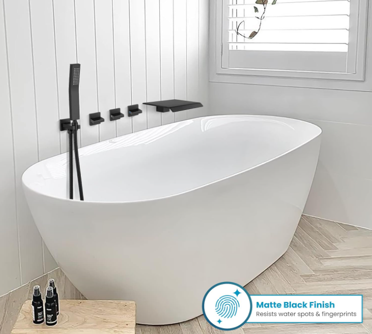 Matte Black Bathtub Faucet with Handheld Shower Wall Mounted 2 Function Brass Waterfall Tub Spout
