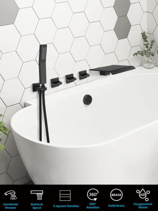 Matte Black Bathtub Faucet with Handheld Shower Wall Mounted 2 Function Brass Waterfall Tub Spout