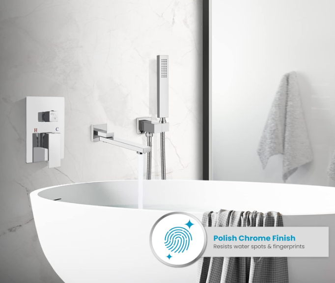 Wall Mount Chrome Polished Bathtub Faucet with Hand Held Sprayer and Swivel Tub Filler