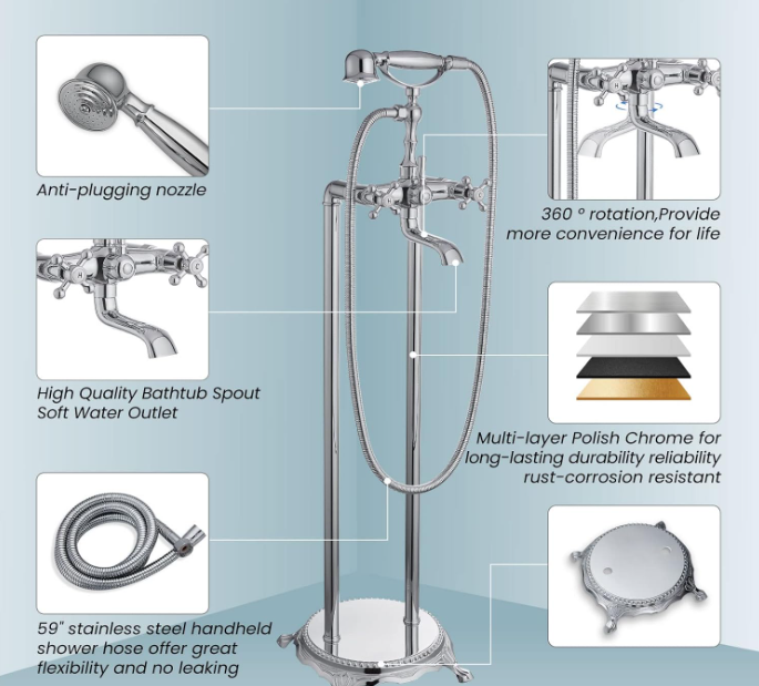 Freestanding Bathtub Faucet Polish Chrome Floor Mount Tub Filler
