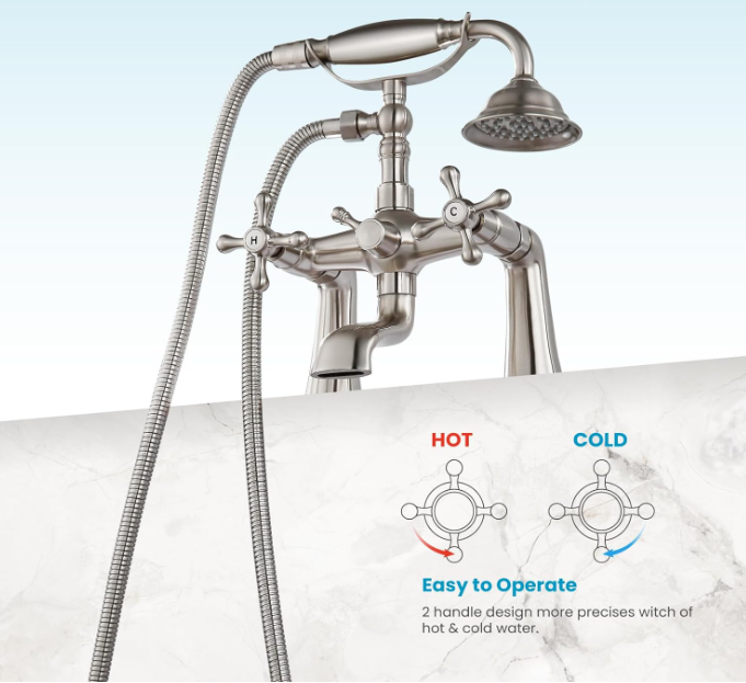 Deck Mount Tub Bathtub Clawfoot Faucet with Handheld Shower Brushed Nickel Telephone Shaped Sprayer