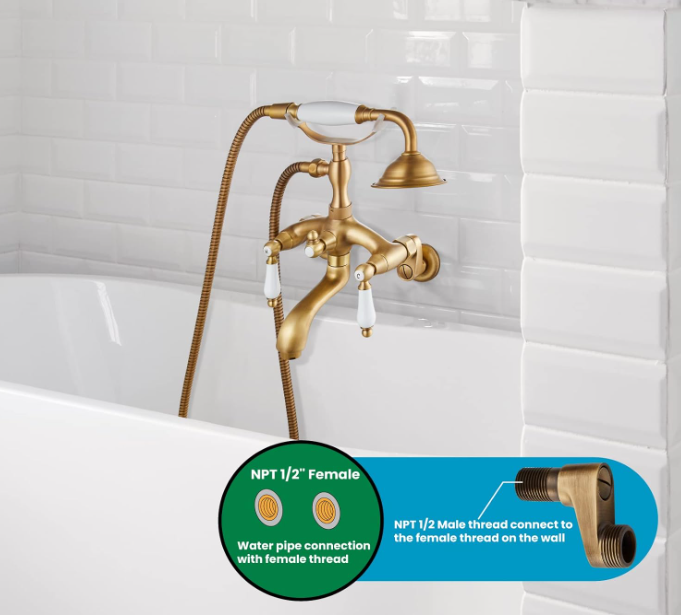 Antique brass Clawfoot Bathtub Faucet Wall Mount Hand Held Shower Faucet Set