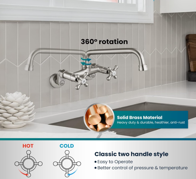 Wall Mount Kitchen Faucet Brushed Nickel Double Cross Handle