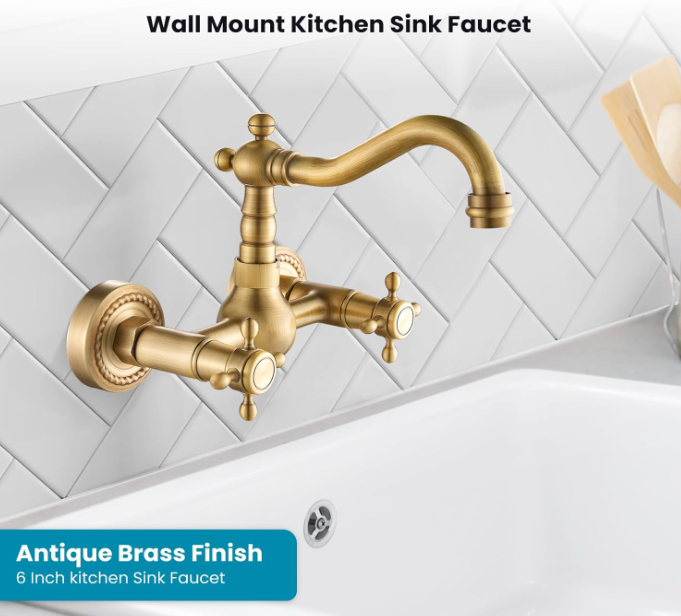 Antique Brass Wall Mount Sink Faucet 6 Inch 2 Double Knobs