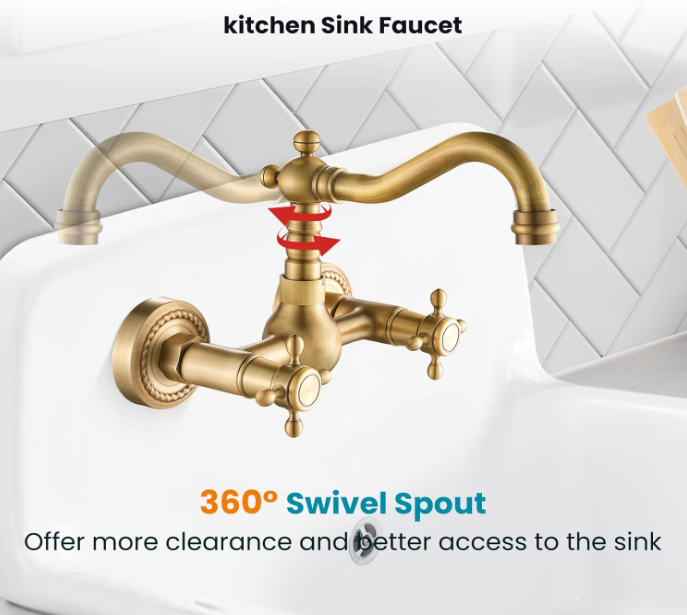 Antique Brass Wall Mount Sink Faucet 6 Inch 2 Double Knobs