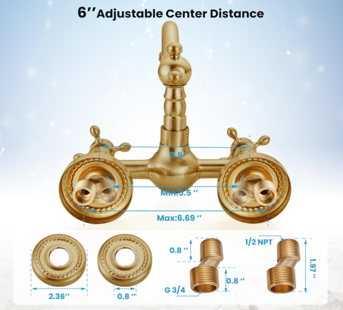 Antique Brass Wall Mount Sink Faucet 6 Inch 2 Double Knobs