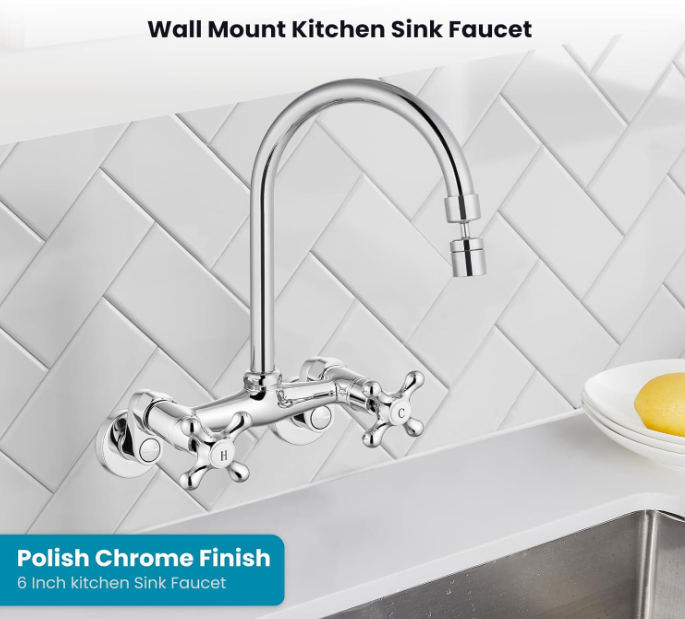 Polish Chrome Kitchen Sink Faucet Wall Mount 6 Inch Center Adjustable Hole Distance Kitchen Wall Faucet