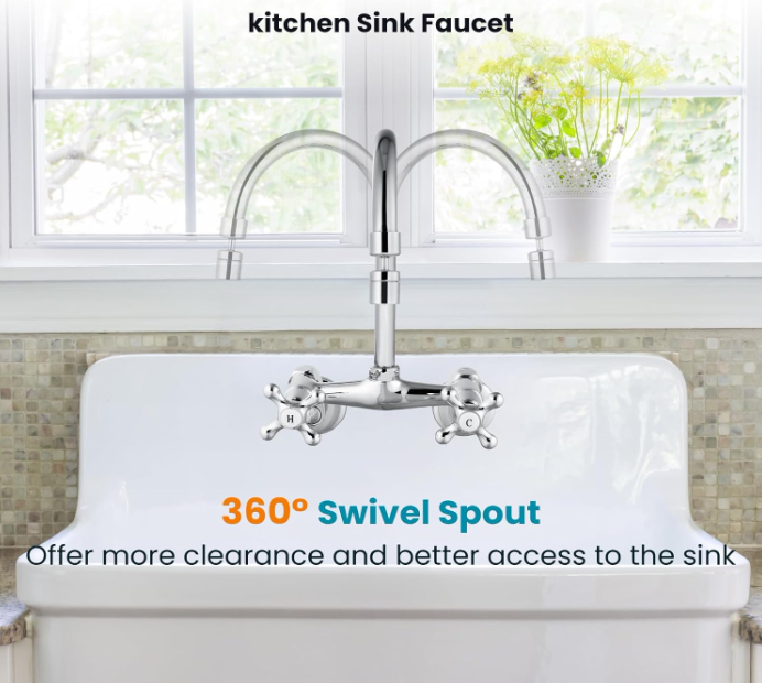 Polish Chrome Kitchen Sink Faucet Wall Mount 6 Inch Center Adjustable Hole Distance Kitchen Wall Faucet