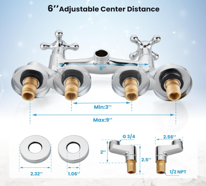 Polish Chrome Kitchen Sink Faucet Wall Mount 6 Inch Center Adjustable Hole Distance Kitchen Wall Faucet