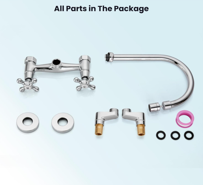 Polish Chrome Kitchen Sink Faucet Wall Mount 6 Inch Center Adjustable Hole Distance Kitchen Wall Faucet