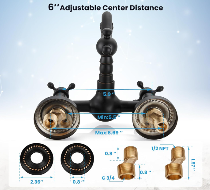 6 Inch Center Oil Rubbed Bronze Wall Mount Kitchen Sink Faucet