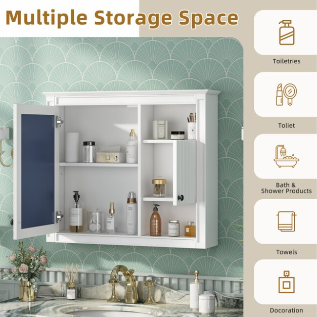 32-in x 28-in Surface Mount white Mirrored Rectangle Soft Close Medicine Cabinet with Outlet