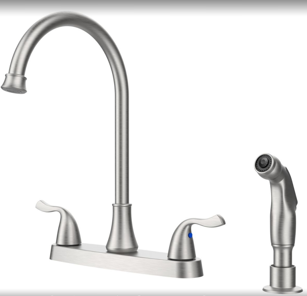 Two-Handle Kitchen Faucet with Pull-Out Side Sprayer, 360 Swivel 304 Stainless steel, 4-hole 8 inch installation, Brushed Nickel