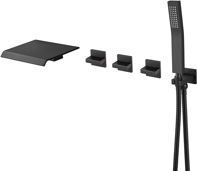 Matte Black Bathtub Faucet with Handheld Shower Wall Mounted 2 Function Brass Waterfall Tub Spout