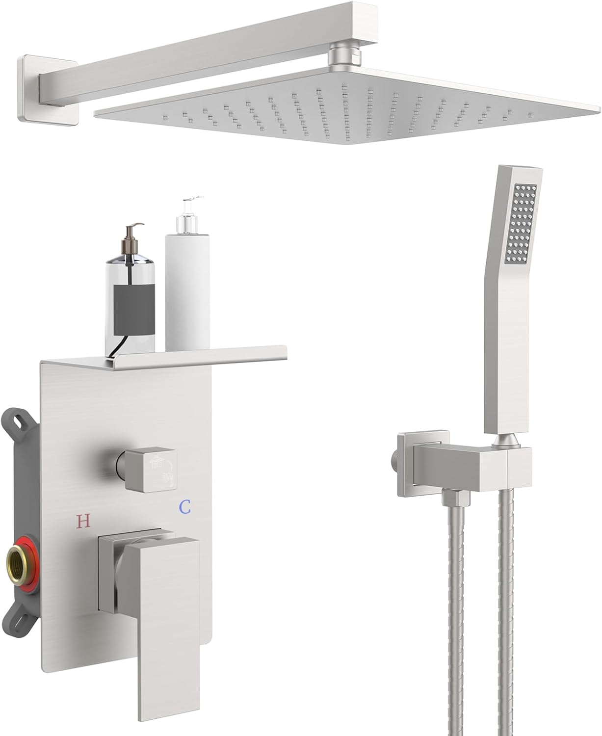 Rainfall Shower System With Storage Rack ​10 inch Shower Faucet Set Brushed Nickel