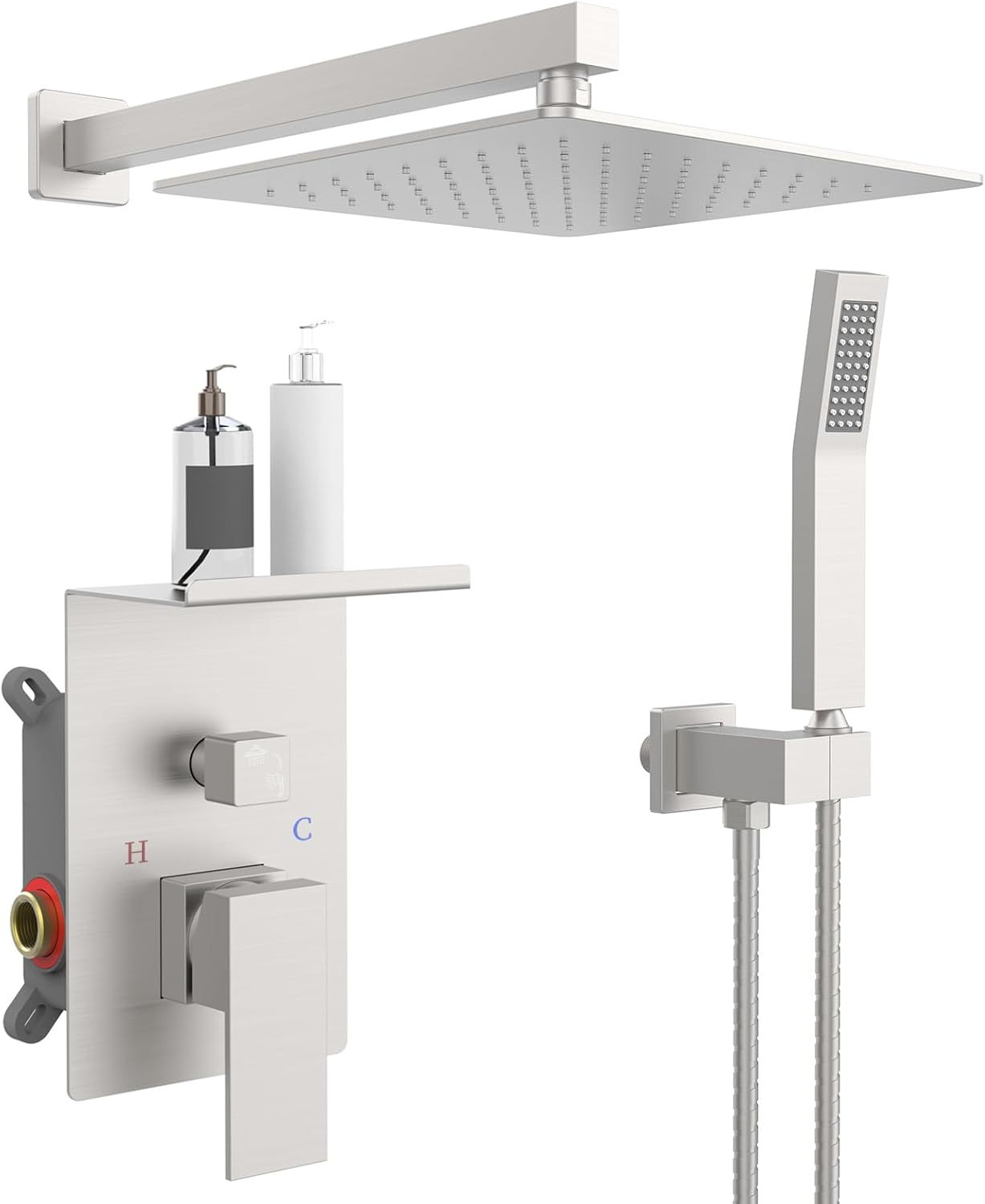 Rainfall Shower System With Storage Rack ​10 inch Shower Faucet Set Brushed Nickel