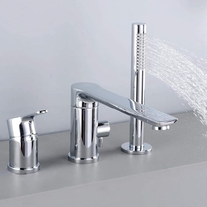 3 Hole Bathtub Faucet Rim-Mounted Faucet with Pull-Out Hand Shower Chrome Single Lever Faucet Bathtub Rim-Mounted Faucet