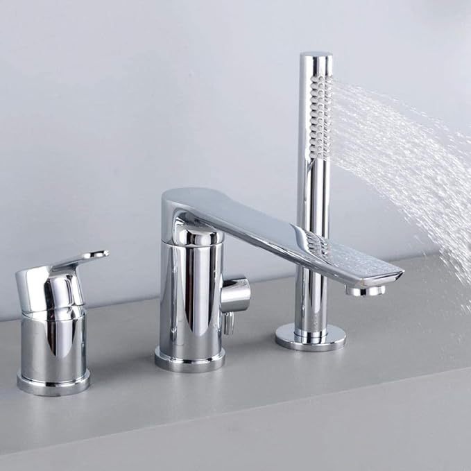 3 Hole Bathtub Faucet Rim-Mounted Faucet with Pull-Out Hand Shower Chrome Single Lever Faucet Bathtub Rim-Mounted Faucet