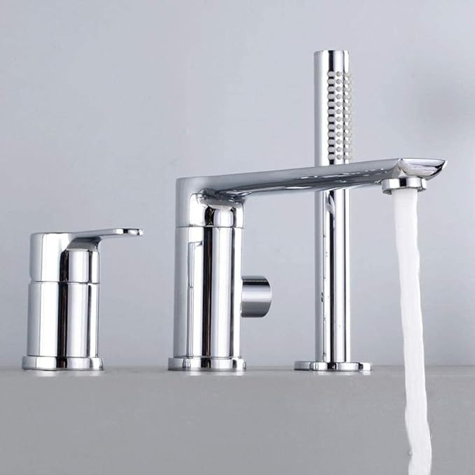 3 Hole Bathtub Faucet Rim-Mounted Faucet with Pull-Out Hand Shower Chrome Single Lever Faucet Bathtub Rim-Mounted Faucet