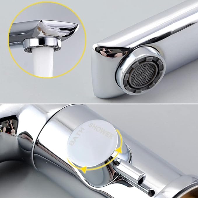 3 Hole Bathtub Faucet Rim-Mounted Faucet with Pull-Out Hand Shower Chrome Single Lever Faucet Bathtub Rim-Mounted Faucet