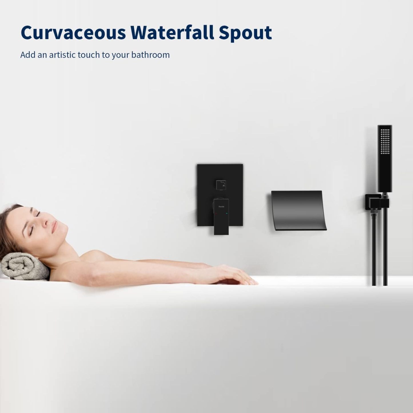 Waterfall Shower head with Handheld, Matte Black Bathtub Shower Faucet with High Flow Wall Mount Tub Faucet