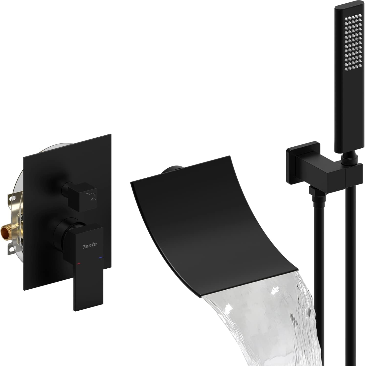 Waterfall Shower head with Handheld, Matte Black Bathtub Shower Faucet with High Flow Wall Mount Tub Faucet
