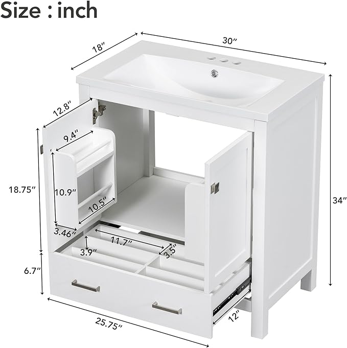 30" Modern Bathroom Vanity with Sink Combo Set, Solid Wood Frame Bathroom Storage Cabinet