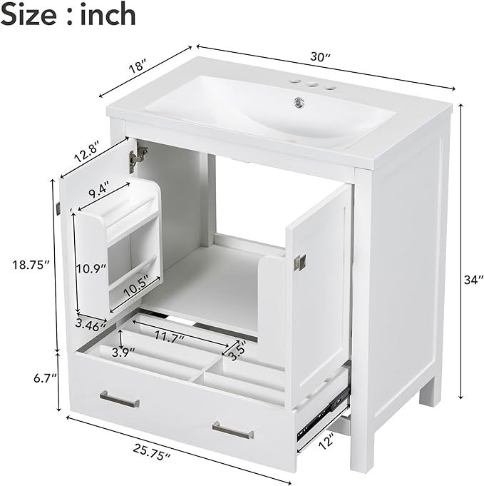 30" Modern Bathroom Vanity with Sink Combo Set, Solid Wood Frame Bathroom Storage Cabinet