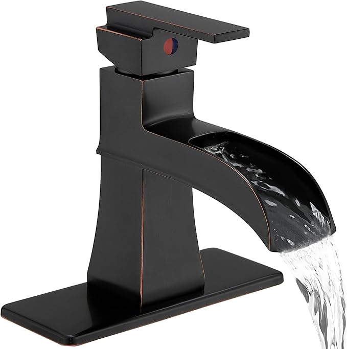 Single Hole Bathroom Faucet 3 Hole (4 Inch), Brass Waterfall Faucet Single Handle, Bathroom Faucets Brushed Nickel Bathroom Sink Faucet with Deck Plate & Pre-Install Hoses Without Pop-up Drain