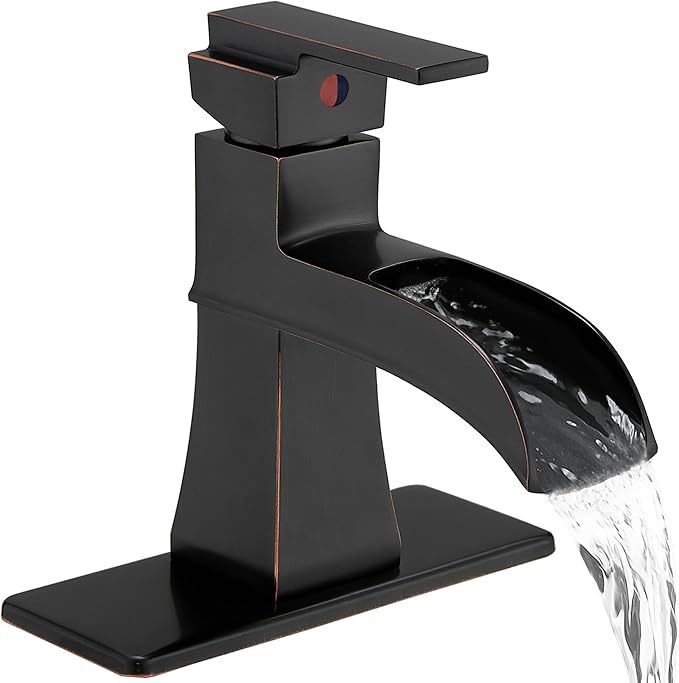 Single Hole Bathroom Faucet 3 Hole (4 Inch), Brass Waterfall Faucet Single Handle, Bathroom Faucets Brushed Nickel Bathroom Sink Faucet with Deck Plate & Pre-Install Hoses Without Pop-up Drain