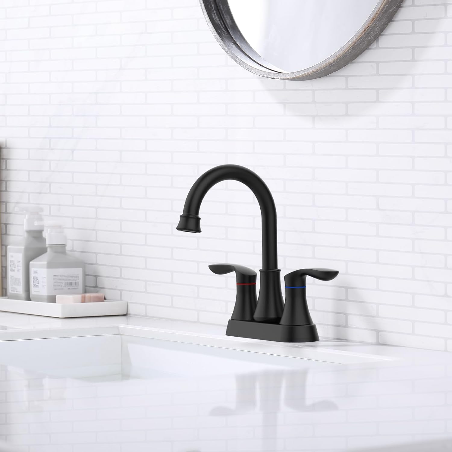 Bathroom Faucet Matt Black with Pop-up Drain & Supply Hoses 2-Handle 360 Degree High Arc Swivel Spout Centerset 4 Inch Vanity Sink Faucet