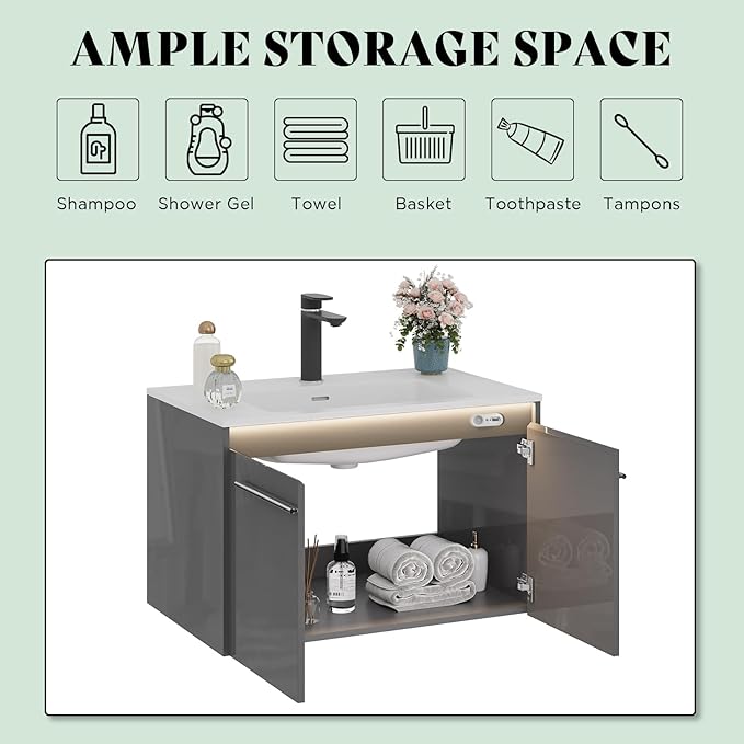 31" LED Floating Bathroom Vanity with Sink, High Gloss Single Sink Wall Mounted Bathroom Storage Vanity